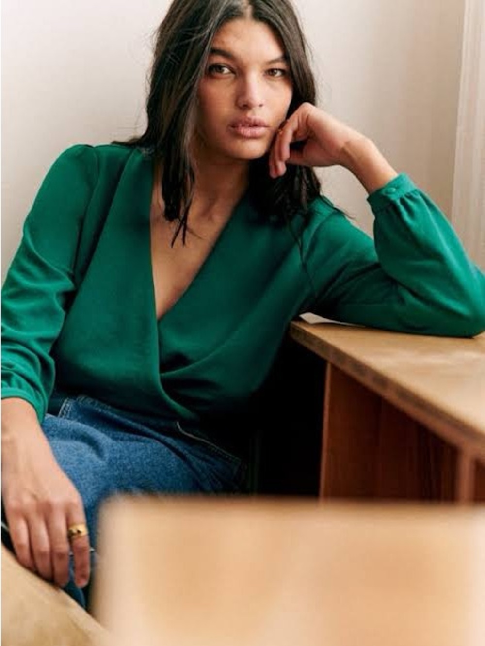 Sezane Abelia Green Draped Wrap Blouse - Picture 2 of 7